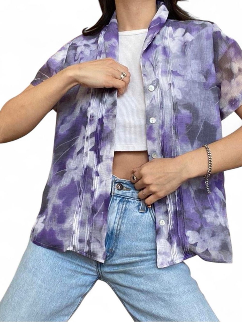 Vintage Button Down Floral Patterned Short Sleeve Top
